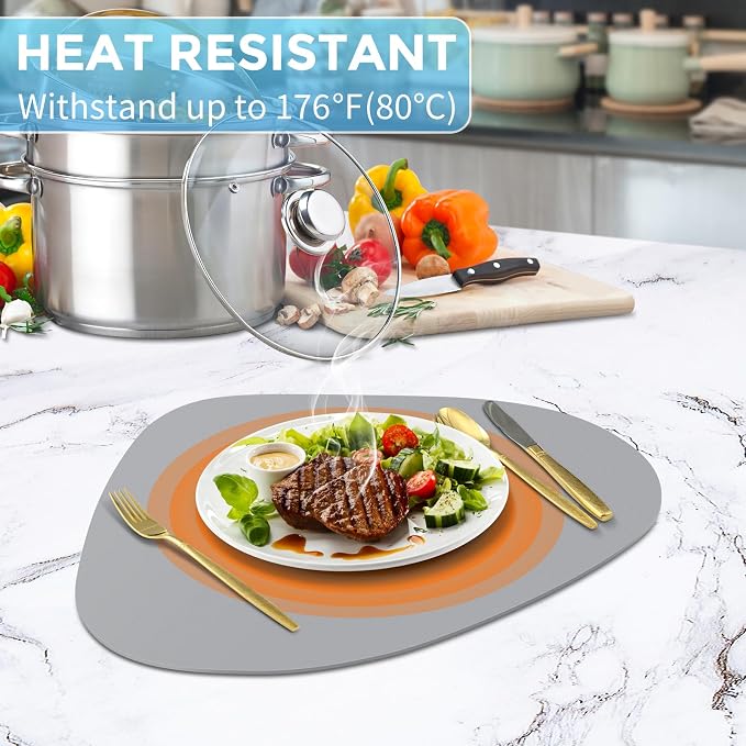 Faux Leather Placemats Set of 4, Wipeable & Washable Table Mats | Waterproof, Heat-Resistant & Easy to Clean Round Place Mats for Dining & Kitchen, 17''x13'', Grey - Image 2