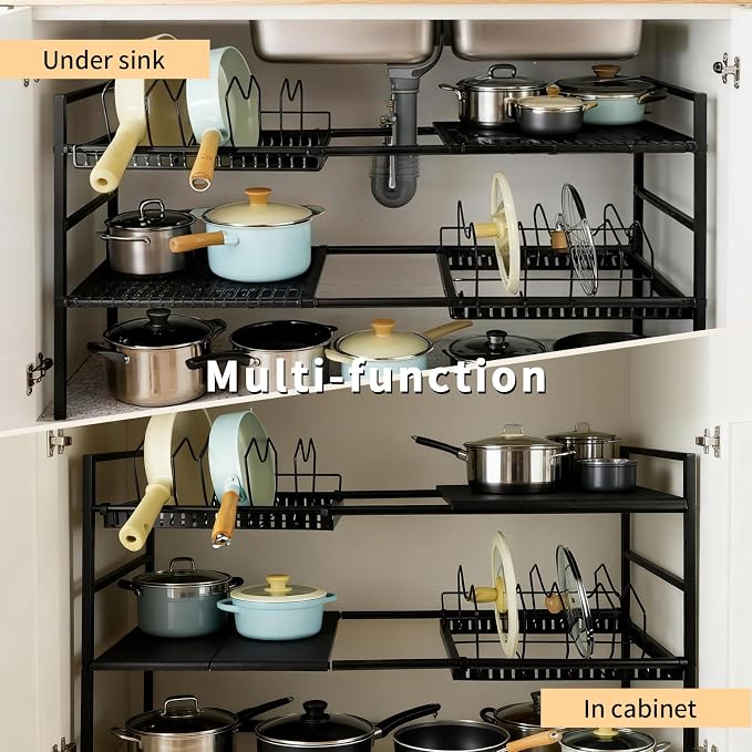 Pots and Pans Organizer Under Cabinet, Expandable Pots Organizers Inside Cabinet, Adjustable Height Under Sink Shelf 2 Tier with 10 Dividers Under Cabinet Shelf, Pot and Pan Lid Holder Rack (Black) - Image 5