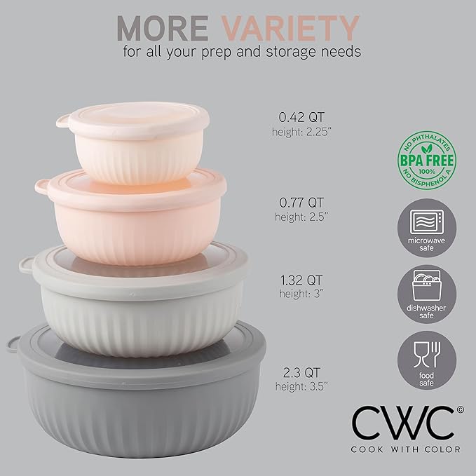 COOK WITH COLOR Prep Bowls with Lids- Wide and Deep Nesting Plastic Small Mixing Bowl Set with Lids, 8 Piece Set - Wide Bowls, Grey/Pink - Image 4