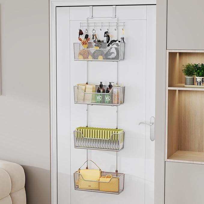HapiRm Over The Door Organizer - Hanging Door Organizer with 4 Metal Large Capacity Baskets and Adjustable Coat Hook for Bathroom Bedroom Kitchen Pantry Closet Cabinet - Image 7