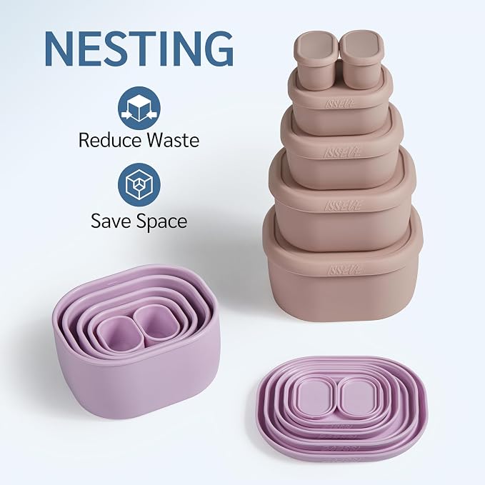 ISSEVE 12Pcs/Set Nesting Silicone Food Storage Containers with Lids, Purple | BPA-free, Reusable, Meal Prep Containers, Small Freezer Portions, Dishwasher Cleaning, Nested Cabinet Storage, 5 Sizes - Image 3
