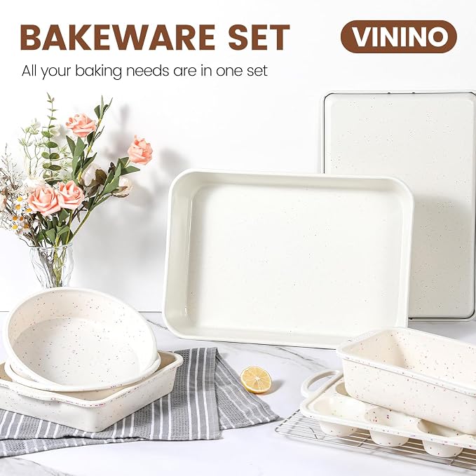 Vinino 8-Piece Baking Pans Set Nonstick, Bakeware Set includes Silicone Muffin, Loaf, Cake Pans with Metal Reinforced Frame, and Carbon Steel Roasting Pan, Cookie Sheet, Cooling rack for Oven-Cream - Image 6