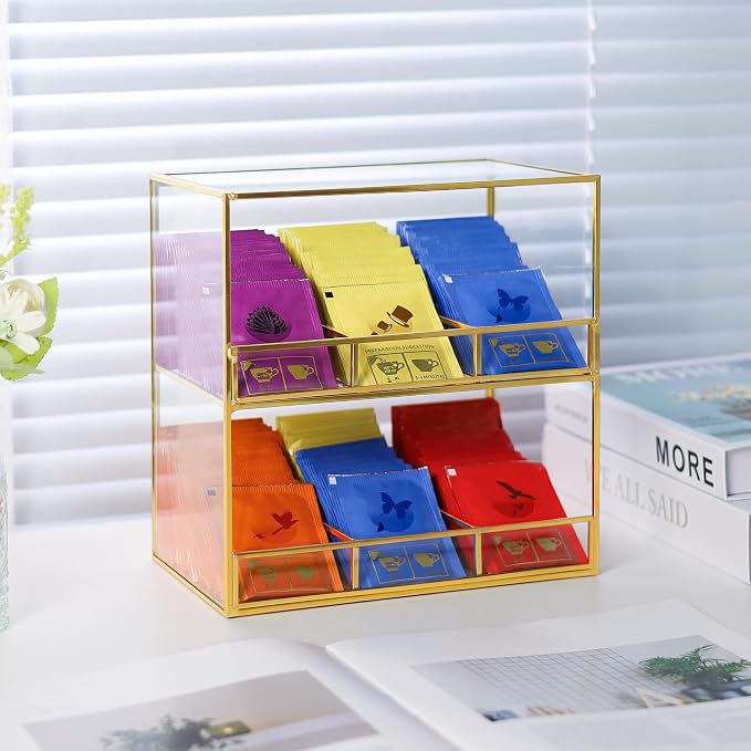 REDHUGO Glass Tea Bag Organizer for Counter, 2-Tier Teabag Organizer Storage Holder for Tea Bags, Glass Caddy Box Containers, Rack Teabag Station Stand for Cabinet Kitchen, 2-Tier, Gold - Image 2
