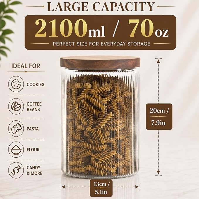 Mason & Fable Ribbed Glass Jar with Wooden Lid 70fl.oz- Set of 2 | Airtight Fluted Storage Container for Cookies, Pasta, Coffee, Dog Treats, Snacks | Organization Canisters for Home & Kitchen - Image 3