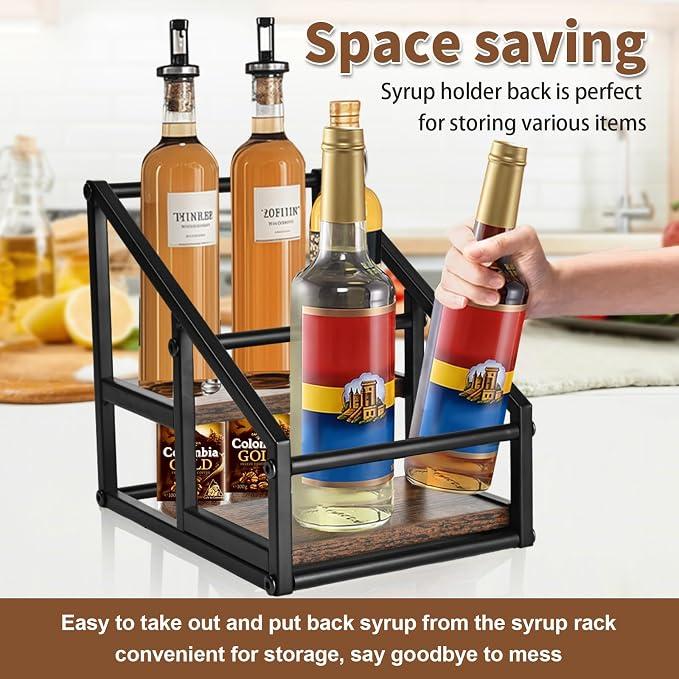 YQBRAO 2-Tier Coffee Syrup Organizer, 4-Bottle Rack, Rustic Brown | Holds 4 bottles in a narrow two-tier footprint for small counters, coffee corners, apartments, and bar carts. - Image 6