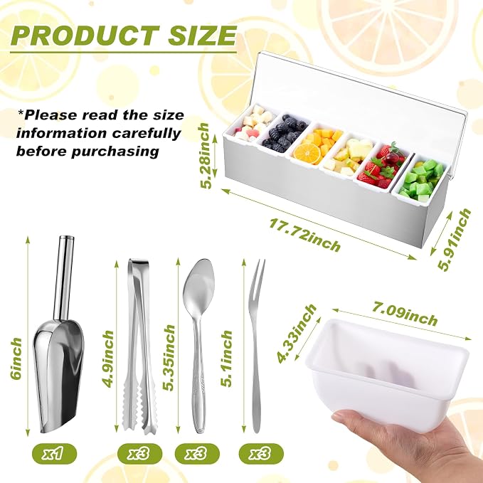Tessco for you Garnish Tray with Lid Bar Caddy Ice Cooled Condiment Serving Container with Ice Scoop Metal Mini Serving Tongs Fruit Fork Spoons for Food Home Party Kitchen(Stainless Steel,6 Grids) - Image 2