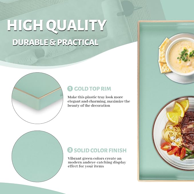 Mint Green Decorative Tray for Ottoman, Serving Tray with Handles | Plastic Melamine Tray, Modern Coffee Table Tray, Rectangle Countertop Organizer Tray for Living Room, 15.8"L x 10.2"W x 1.4"H - Image 4