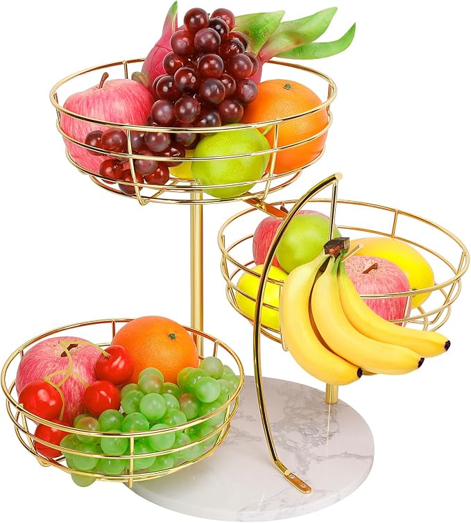 Livabber Fruit Basket Bowl with Banana Hanger, Metal Fruit Vegetable Storage Basket with Banana Holder for Kitchen Counter, Detachable Organizer for Bread Snack Produce (Gold, 3-Tier Marble Base) by Livabber