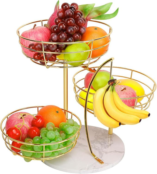 Livabber Fruit Basket Bowl with Banana Hanger, Metal Fruit Vegetable Storage Basket with Banana Holder for Kitchen Counter, Detachable Organizer for Bread Snack Produce (Gold, 3-Tier Marble Base) by Livabber