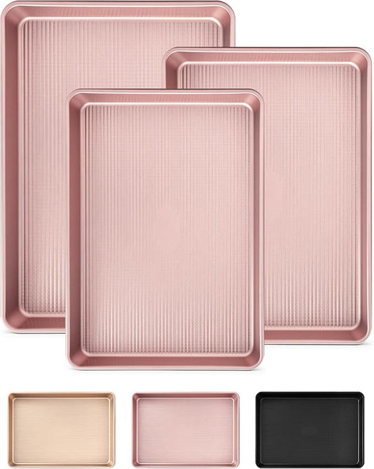 Saker 3-Piece Heavy Duty Carbon Steel Baking Sheets Set,Non-Stick Cookie | | Oven Safe, Even Heating, for Baking, Roasting, Cooking – Professional Grade (Pink) by Unknown