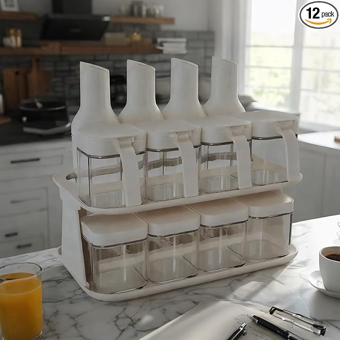 12 PCS Kitchen oil dispensers Spice Jars And Food Conainers Set, Clear Glass With Food Degree Plastic, 17 oz Cooking oil dispener, 8.8 oz Condiment Spice Jars, 8.4 oz Sealing Oats Containers by JIMMEAL