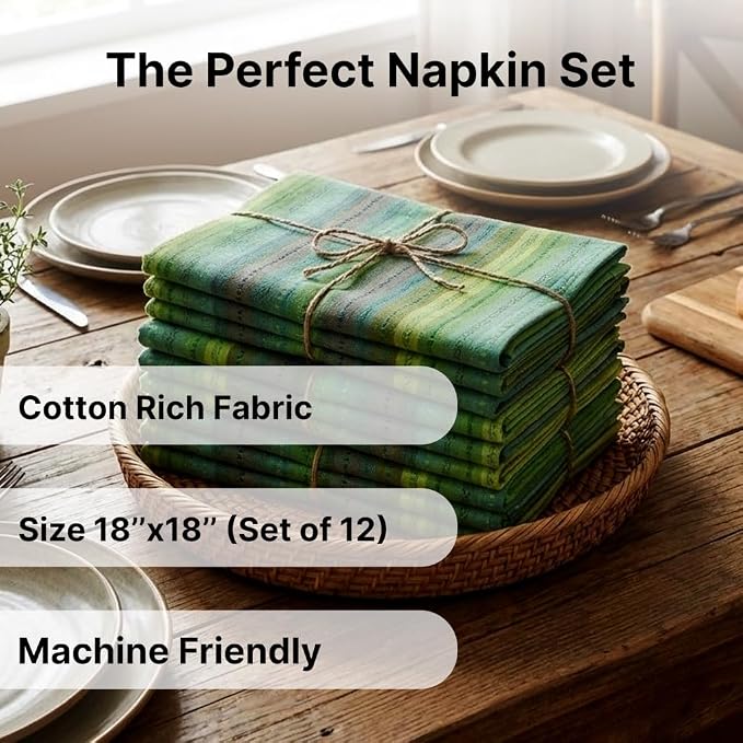 LFH Home Cotton Rich Cloth Salsa Napkin Set of 12 Washable Soft Durable Striped Table Napkins for Dining Wedding Daily Use Reusable Eco-Friendly Fabric Napkins for Elegant Settings(18x18)-Lime Multi - Image 2