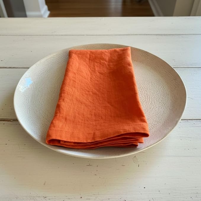 Linen Napkins –100% French Flax – Stonewashed Pure Linen Cloth Napkins - Size 18 Inch x 18 Inch – Set of 4 (Sunset Orange) - Image 6
