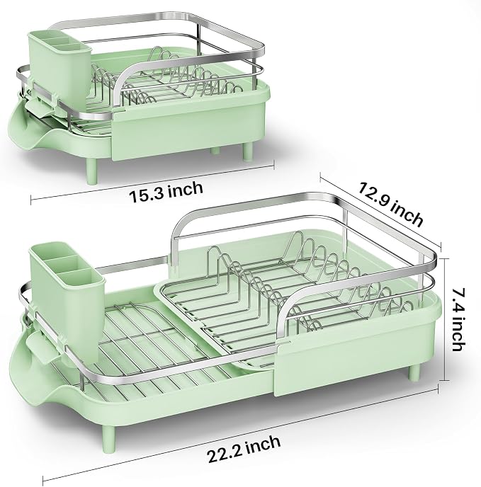 SAYZH Expandable Dish Drying Rack for Small Kitchen Counter, Green | Stainless Steel, Protective Guardrail, Angled Drainboard, Fits High-Rim Sinks, Removable Utensil Holder - Image 2