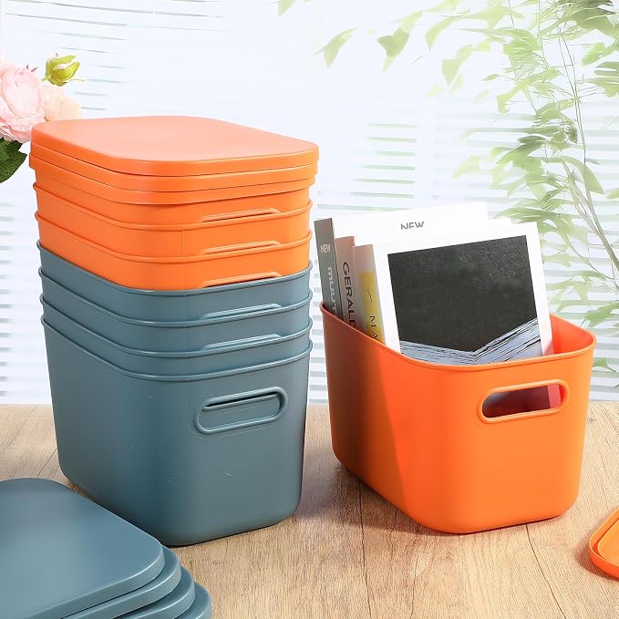 8 Pieces Colorful Storage Bins with Lid, Plastic Storage Basket Organizing Container Stackable Box with Handle for Shelves Desktop Playroom Office(10.2 x 7 x 6.3 Inch,Blue and Orange) - Image 4