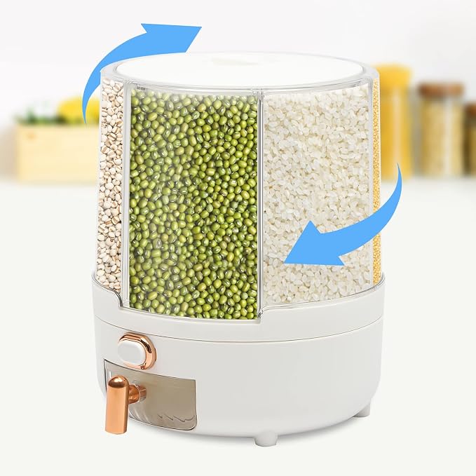 360° Rotating Grain Dispenser With 6 Grids, 13.2lbs Large Capacity Grain Dispenser Rotating Kitchen Storage Containers With Sealed Lid For Peanut Barley Millet And Cereal (White, 14.3 lbs) - Image 2