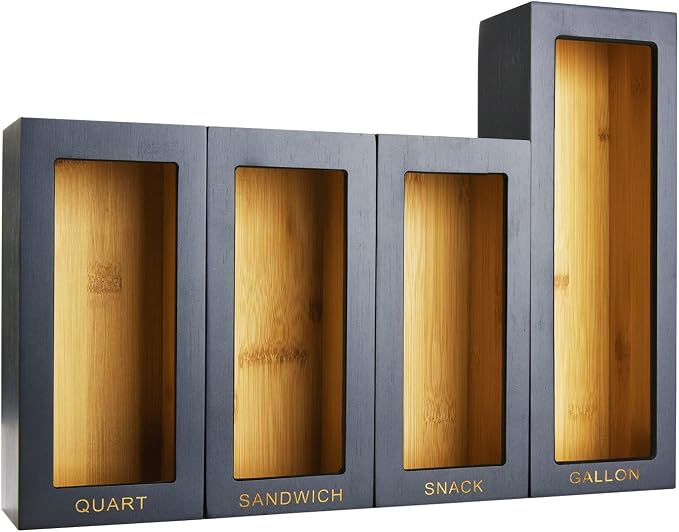 Bamboo food Bag Organizer for Kitchen Drawer, Baggie organizer, Compatible with Gallon, Quart, Sandwich and Snack Variety Size Bags (4 Piece Set) (Black) by CozeeBay