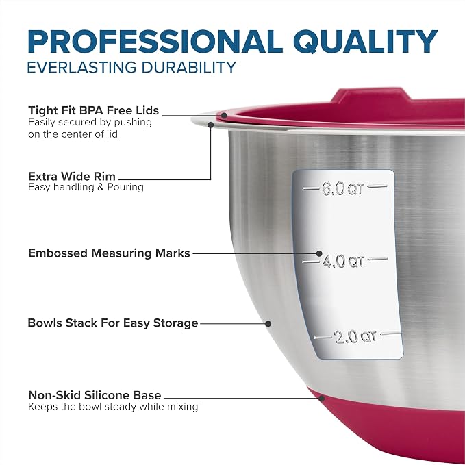 Viking Mixing Bowls Set, 10 Piece Stainless Steel Kitchen Cookware, Non-Slip Silicone Base, Includes Tight Fit Lids, Dishwasher Safe, Red - Image 3