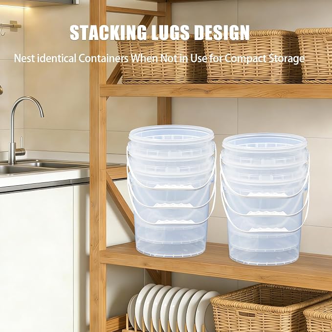 5 Gallon Bucket with Lid & 2.6 Gal Plastic Food Storage Containers, 5 Pack Clear Buckets with Lids, Food Grade Pail for Ice Cream, Dog Food, Water, Large Quart Container with Handle - Image 6