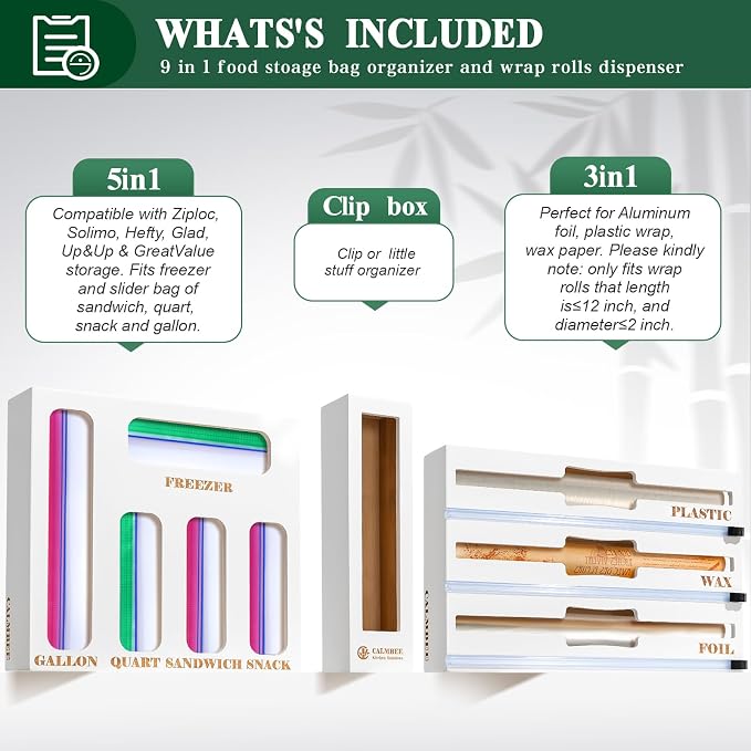 Calmbee 9 in 1 Bamboo Storage Bag Organizer for Kitchen Drawer – Plastic Wrap Dispenser with Cutter & Foil Organizer, Wooden Baggie Organizer for Sandwich, Snack, Gallon, Quart Sizes, White - Image 3