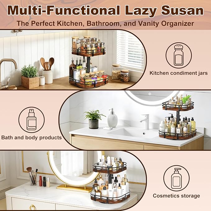 12" Large Lazy Susan Turntable Organizer - 2 Tier Spice Rack for Table Top | Rotating Wood Spice Cabinet Organizer for Pantry Kitchen Countertop Coffee Bar Cupboard Bathroom Vanity Storage - Image 4
