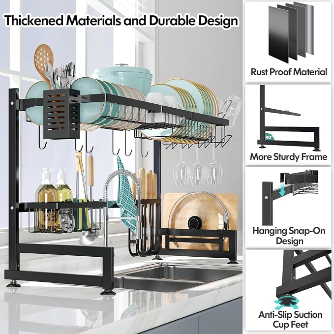 2 Tier Extra Large Stainless Steel Over The Sink Dish Drying Rack | Rust Proof Metal, Expandable Kitchen Sink Drainer, Counter Space Saving, Heavy Duty, Modern Black, Multifunctional Storage - Image 3
