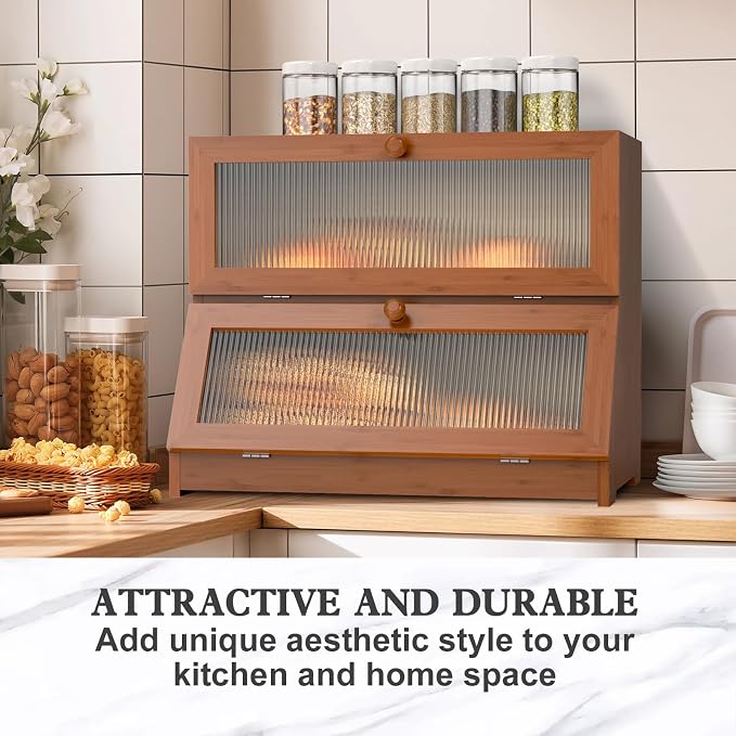 LOHASOK Bread Box for Kitchen Countertop,Brown | 2-layer, Bamboo, Large, Farmhouse Bread Container Holder Storage, Acrylic translucent window - Image 6