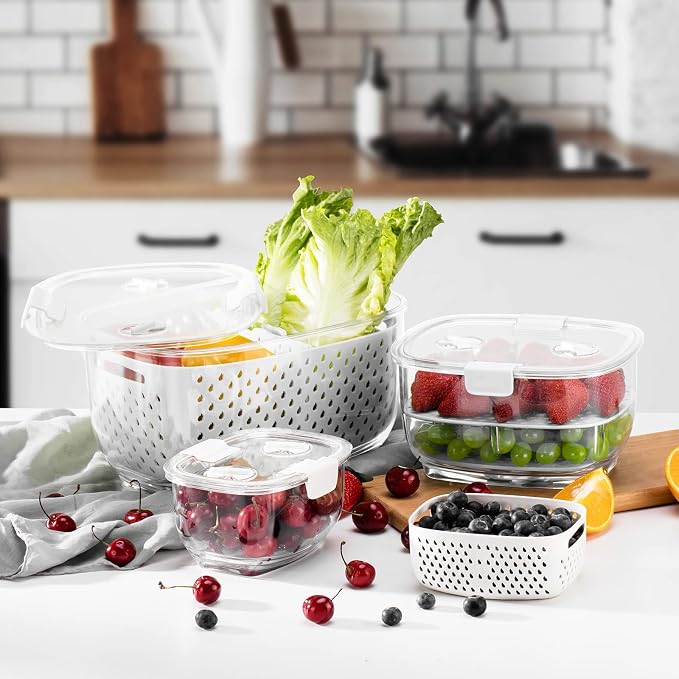 LUXEAR Fresh Produce Vegetable Fruit Storage Containers 3Piece Set, BPA-free, Partitioned Salad Container, Fridge Organizers, Used in Storing Fruits Vegetables, White - Image 7