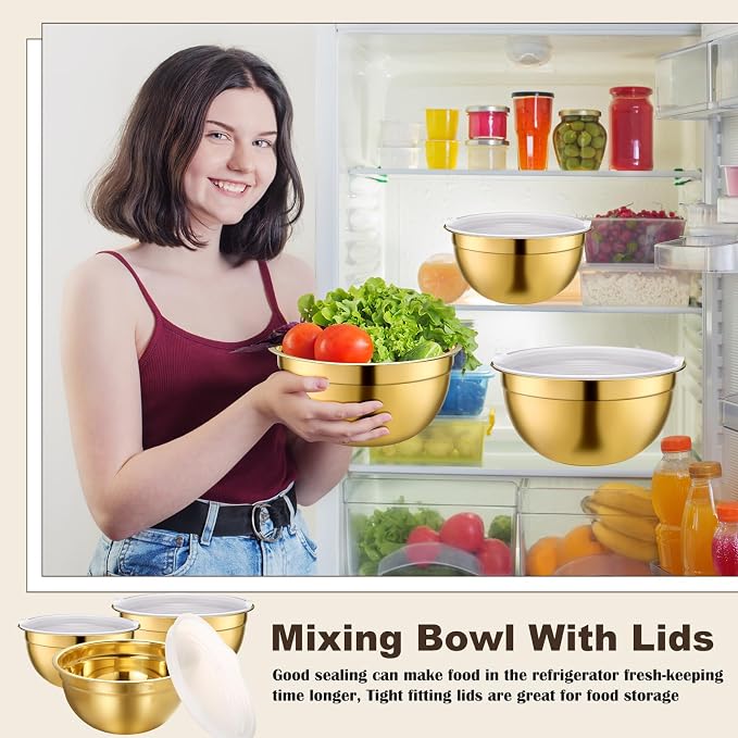 6 Pcs Gold Kitchen Accessories Set Includes 3 Gold Mixing Bowls with Airtight Lids Stainless Steel Colander Grater Slicer and Fine Mesh Strainer(Mixing Bowls: 2.8/3.7/5 Qt, Colander: 4 Qt) - Image 5
