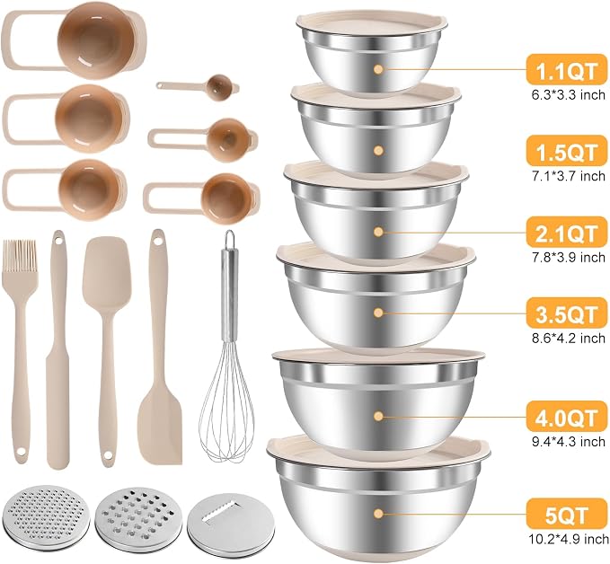 Mixing Bowls with Airtight Lids Set, 20 PCS Kitchen Gadgets Set, 6 Stainless Steel Bowls,3 Grater Attachments,Non-Slip Silicone Bottoms,Great for Serving&Baking,Size 5, 4, 3.5, 2.1, 1.5, 1.1QT (Khaki) - Image 8