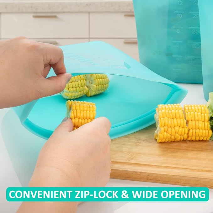 Reusable Food Storage Bags Extra Large, 0.8 Gallon/101 fl.oz/3000 ml, 4 Pack 100% Silicone Food Storage Bags Stand-Up Wide-Mouth Zip-Lock for Large Items, Freezer Microwave Oven Dishwasher Safe, Aqua - Image 4