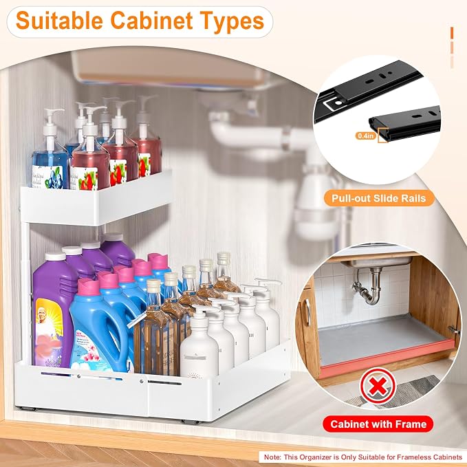 YJHome 2 Pack Expandable Under Sink Organizer, 2 Tier Pull Out Cabinet Organizer with Smooth Ball Bearing Slides, Adjustable Height Cabinet Storage Shelves for Kitchen, Bathroom, Laundry, Pantry - Image 6