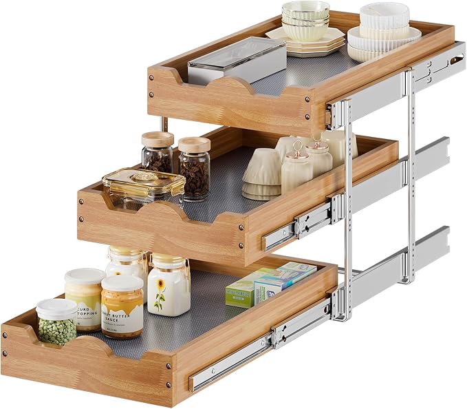 OCG Pull Out Drawer 14" W x 21" D, 3 Tier Pull Out Cabinet Organizer, Heavy-Duty Slide Out Drawer for Cabinets, Base Cabinet Organization for Kitchen, Pantry, Bathroom by OCG