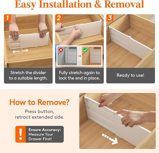 Lifewit 8" Tall Drawer Dividers, Adjustable Deep Drawer Organizer Clothes | 4 Pack 13.8"-22.2" Expandable White Plastic Separators for Dresser, Kitchen, Cabinet, Closet, Office Organization & Storage - Image 4