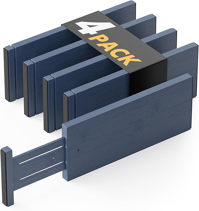 SpaceAid Bamboo 4 Pack Dresser Drawer Dividers, 4.65“ High Adjustable 12.5“-17” Drawer Organizers, Expandable Organization for Clothing, Clothes, Dressers, Navy Blue by SpaceAid