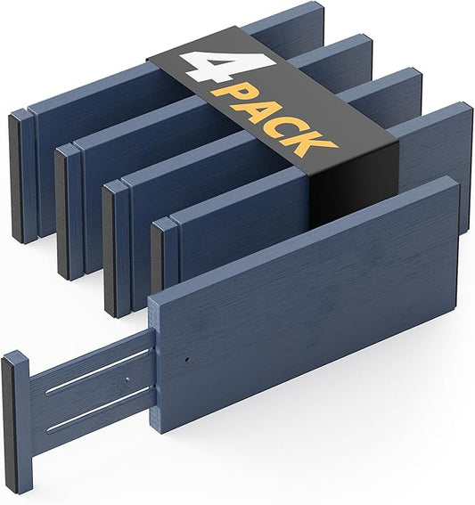 SpaceAid Bamboo 4 Pack Dresser Drawer Dividers, 4.65“ High Adjustable 12.5“-17” Drawer Organizers, Expandable Organization for Clothing, Clothes, Dressers, Navy Blue by SpaceAid