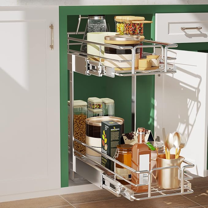 LOVMOR 2 Tier 5½" W x 21½" D, Individual Pull Organizer Kitchen Cabinet Storage Sliding Shelves - Image 2