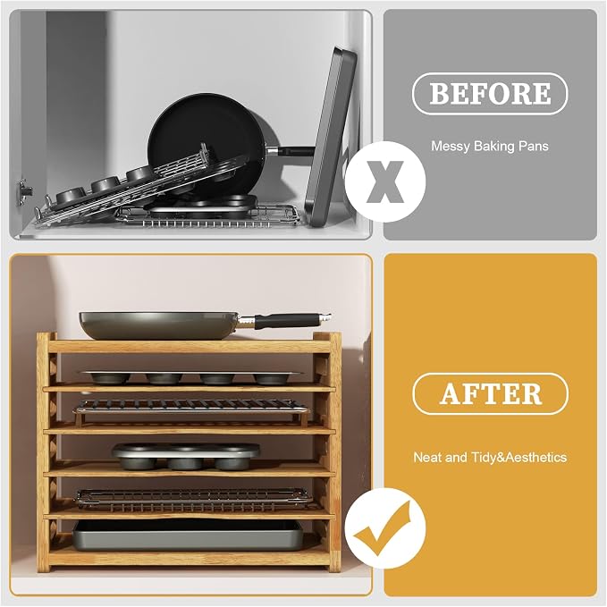 6 Tier Rubber Wooden Tray Dividers for Cabinets, Cookie Sheet Organizer | Heavy Weight, Premium Wood, Multiple Sizes, Saving Space, Vertical Tray Dividers for Storing pans, Baking tray, Cutting Board - Image 7