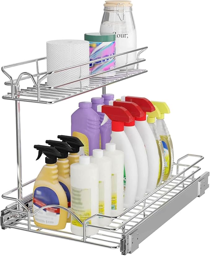 OCG Under Sink Cabinet Organizer Two Tier Pull Out Shelf (14.75W x 17D), Under Sink Sliding Shelf for Kitchen Bathroom Cabinet 2 Tier Chrome by OCG