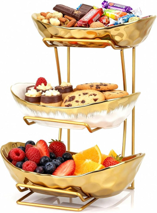 3 Tier Ceramic Fruit Bowl for Kitchen Counter,Fruit Basket with Metal Stand | Serving Tray for Snacks Nuts Cakes Desserts Bread Candy Vegetable,Decorative Storage for Party Wedding Home by YCWF
