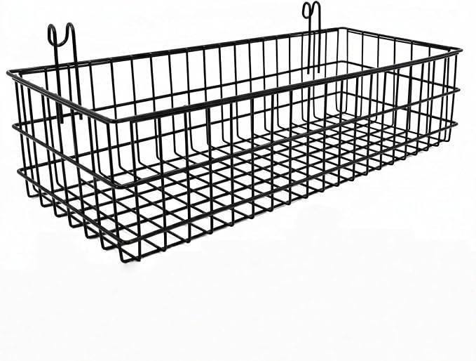 Metal Hanging Wire Basket with Hooks, Black Wire Wall Basket for Grid Panel Organizer, Multi-Function Grid Wall Basket for Kitchen Bathroom Storage Display Shelf, Home Decoration by ANZOME