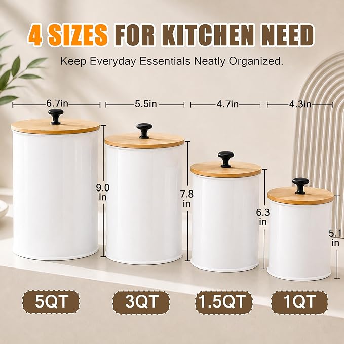 Kitchen Canister Set of 4 Airtight Metal Containers with Bamboo Lids, White | Flour sugar coffee tea canisters set with bamboo lids, customizable chalkboard labels & marker pen - Image 2
