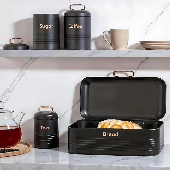 Plexon Black Bread Box for Kitchen Countertop Tea Coffee Sugar Container Set - Metal Bread Container Storage Keeper Organizer - Canister Set of 4 - Image 6