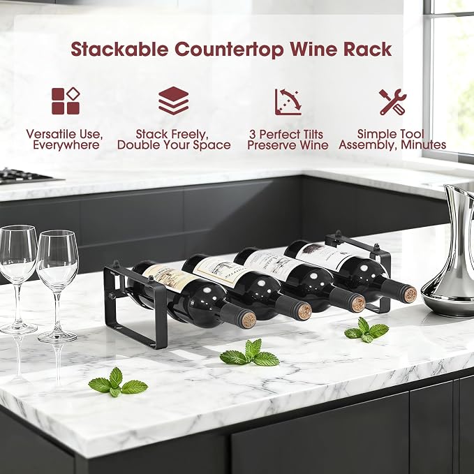 Stackable Wine Rack Countertop, 4 Bottles Bottle Holder for Cabinet | Small Tabletop Wine Holder Stand for Pantry Bar, 1-Tier Angle Adjustable Wine Bottle Rack for Tight Spaces - Image 2