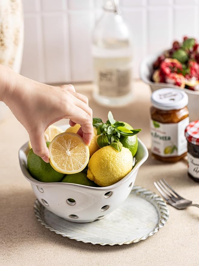Gomakren Fruit Basket Set of 2, Ceramic Fruit Bowl Berry Basket with Holes, 7.6 Inch Fruit Containers Colander for Fridge - Farmhouse Kitchen Decor, White - Image 8