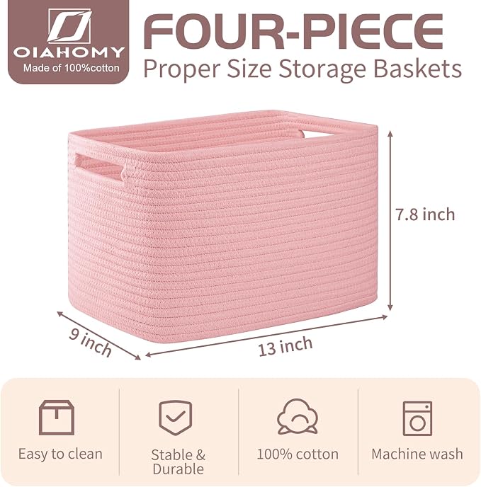 OIAHOMY 4 Pack Storage Baskets for Organizing, Cube Storage Bins for Shelves, Rectangle Storage Baskets With Handles, Woven Baskets for Storage, 12.7''Lx9''Wx7.8''H, Pink - Image 2
