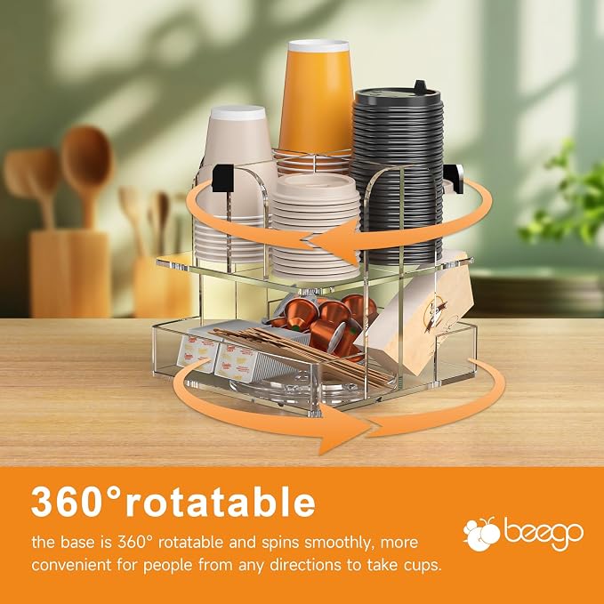 Beego Rotatable 6 Compartment Clear Acrylic Cup Dispenser - Coffee Station Cup and Lid Carousel Countertop Plastic Cup Holder for Restaurant Breakroom Coffee Bar - Image 9