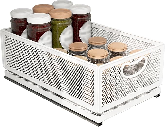 Sliding Cabinet Basket Organizer Drawer Self Adhesive Slide out Pantry Shelves Heavy Duty Carbon Steel Slide Cabinet Storage Basket with Handle for Bathroom Kitchen Home by ULIKEUS