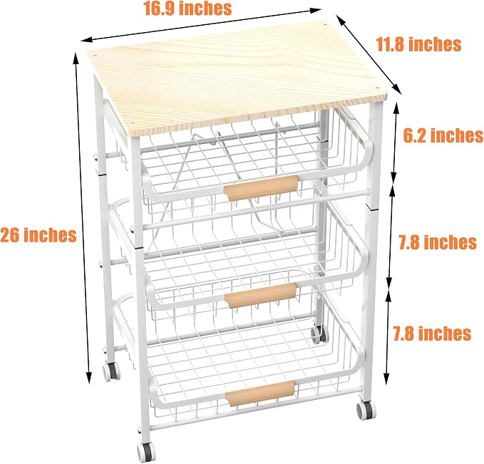 NiuYichee 4-Layer Fruit Basket Kitchen Food Storage Organizer and Storage Rack, Stackable Storage cart with Desktop, Pull-Out Hollow Metal Storage Basket, liding Out Storage,White - Image 4