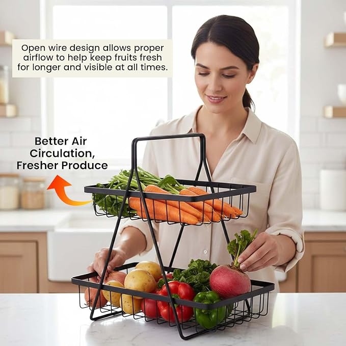Go Hooked Counter-top 2 Tier Fruit Basket ideal for Dining Table, Centre Table | Metal Fruit Bowl or Bread Basket Vegetables Storage Organizer Holder (Black) - Image 2